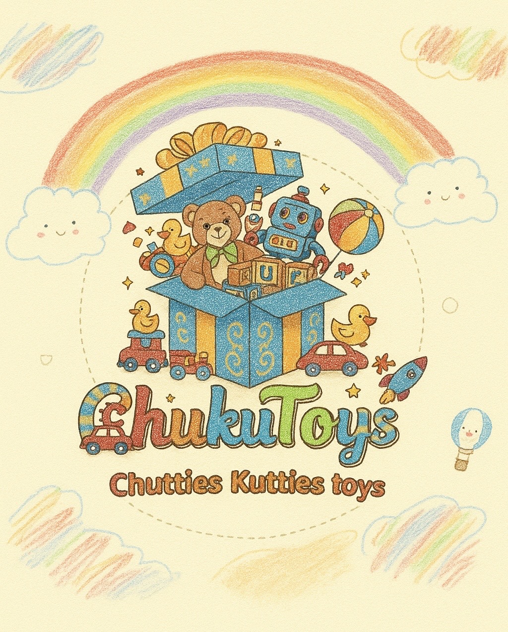 Colorful ChuKuToys illustration with toys and rainbow